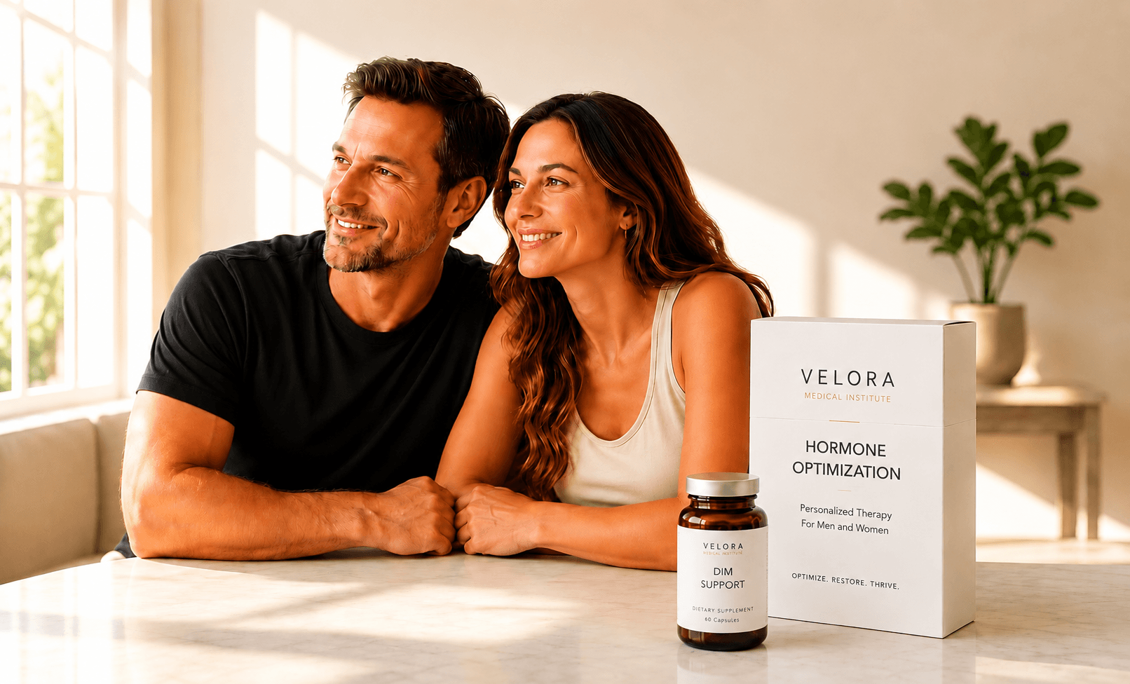 A smiling man and woman beside the Velora Hormone Optimization package and DIM Support supplement — personalized hormone therapy for men and women
