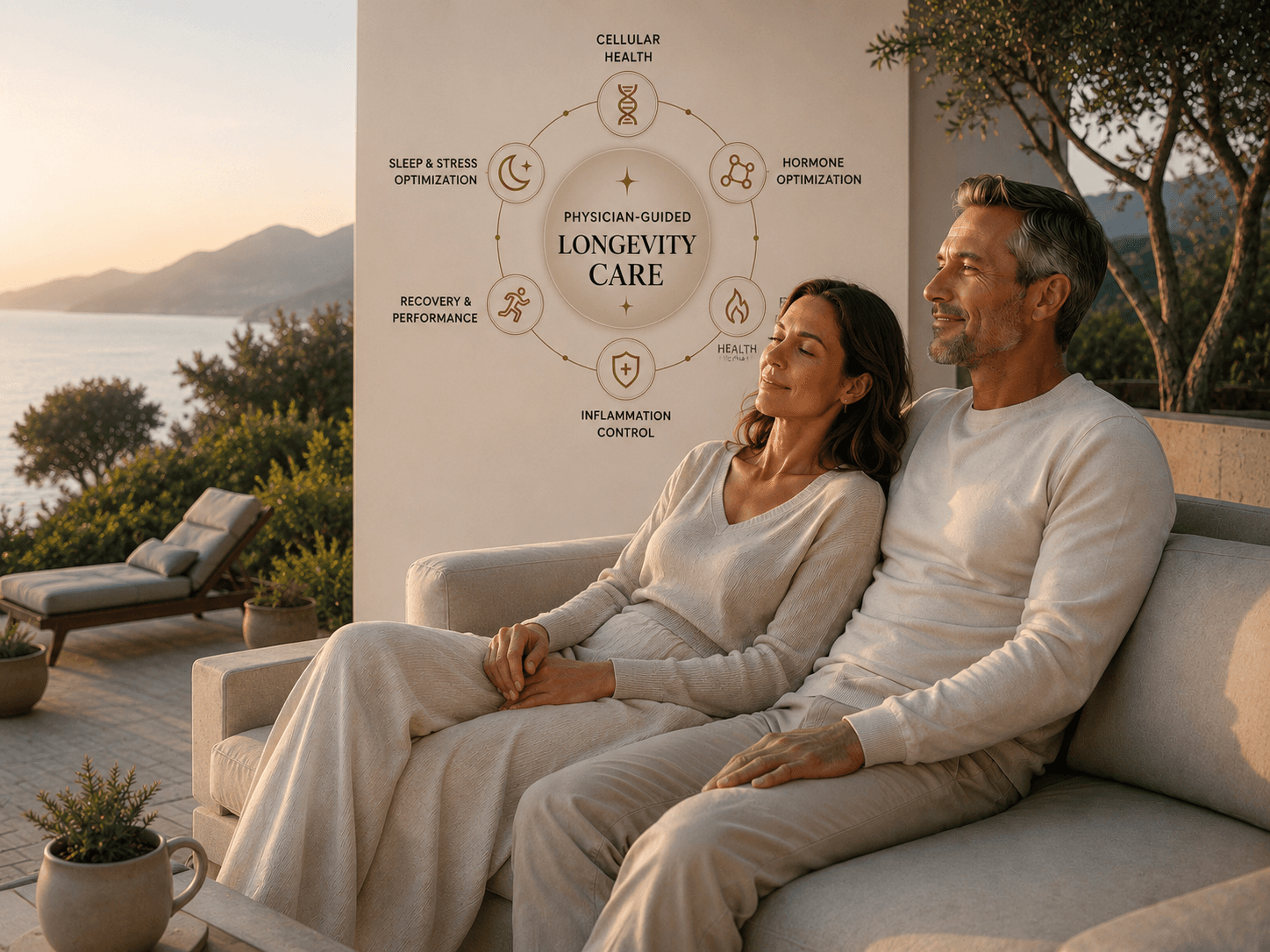 A couple resting on a coastal terrace at sunset beside the Velora Physician-Guided Longevity Care framework — cellular health, hormone optimization, sleep & stress, recovery & performance, inflammation control