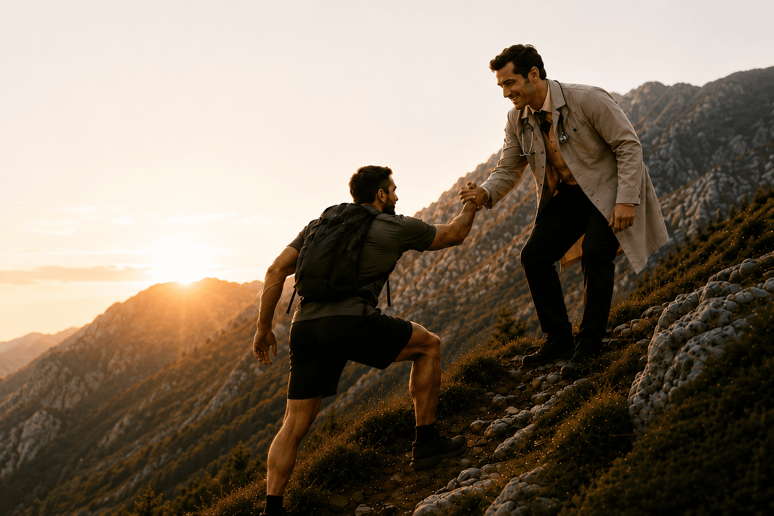 A Velora physician helping a patient up a mountain trail at sunrise