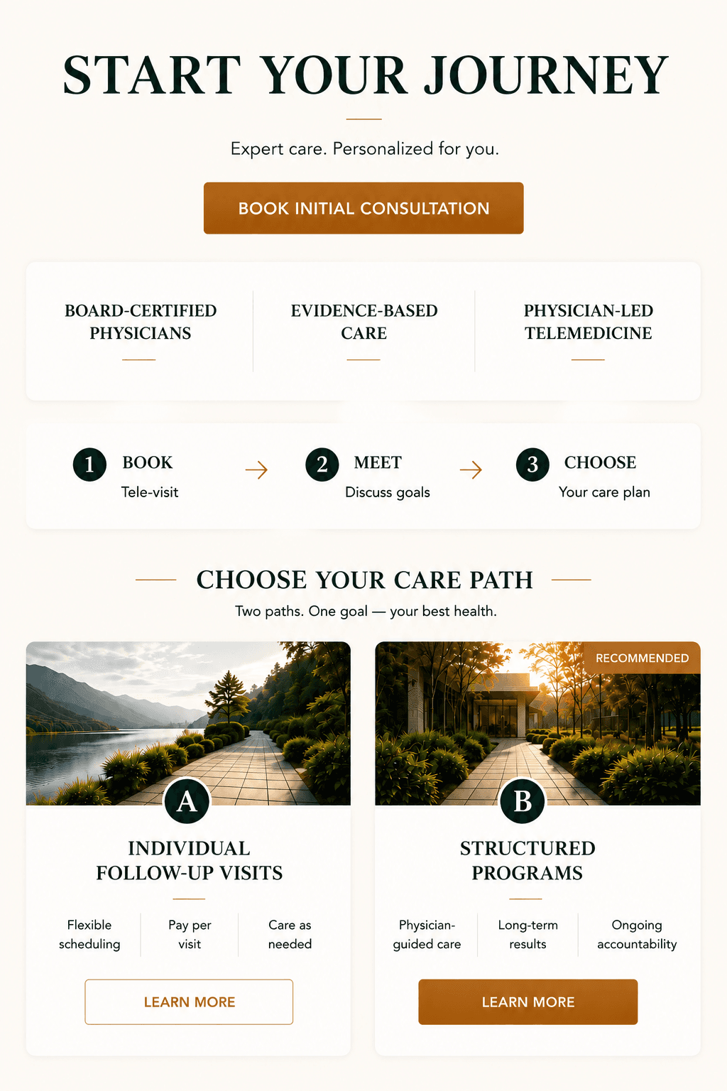 Start Your Journey — Book Initial Consultation. Board-certified physicians, evidence-based care, physician-led telemedicine. Three steps: 1 Book a tele-visit, 2 Meet to discuss goals, 3 Choose your care plan. Then choose your care path — A Individual Follow-Up Visits (flexible scheduling, pay per visit, care as needed) or B Structured Programs (recommended; physician-guided care, long-term results, ongoing accountability).
